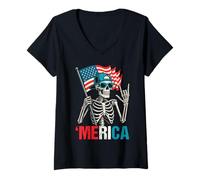 Womens Skeleton Merica Rock American Flag Patriotic 4th Of July V-Neck T-Shirt