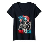 Womens Skeleton Merica Rock American Flag Patriotic USA 4th Of July V-Neck T-Shirt