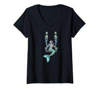 Womens Skeleton Mermaid Coquette Spooky Floral Macabre Halloween V-Neck T-Shirt