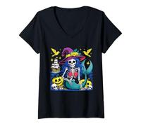Womens Skeleton Mermaid Witch Halloween Enchantment V-Neck T-Shirt