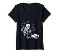 Womens Skeleton Playful Chase Dog Run Off with The Bone in Humorous V-Neck T-Shirt
