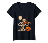 Womens Skeleton Playing Violin V-Neck T-Shirt