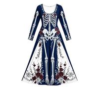 Women's Skeleton Print Mermaid Maxi Dress Long Sleeve Halloween Dresses for Women 3D Digital Print Floral Gothic Fancy Dress Costume