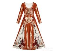 Women's Skeleton Print Mermaid Maxi Dress Long Sleeve Halloween Dresses for Women 3D Digital Print Floral Gothic Fancy Dress Costume