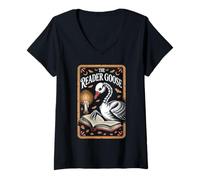 Womens Skeleton Reader Goose - Spooky Tarot Book Lover V-Neck T-Shirt