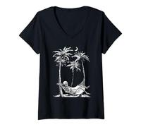 Women's Skeleton Relaxing with Palm Trees Gothic Summer Summerween V-Neck T-Shirt