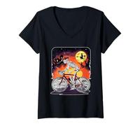 Womens Skeleton Riding Bicycle Halloween Horror Costume Cyclist V-Neck T-Shirt