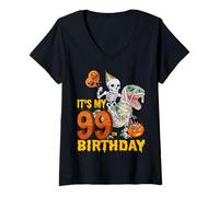 Womens Skeleton Riding Mummy Dinosaur T rex Funny 99th Birthday Tee V-Neck T-Shirt