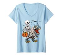 Womens Skeleton Riding T Rex Dinosaur Jack O Lantern Halloween V-Neck T-Shirt