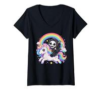 Women's Skeleton Rinding Unicorn Rainbow Halloween Girls V-Neck T-Shirt