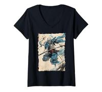 Womens Skeleton Samurai Skull - Ukiyo-e Undead V-Neck T-Shirt