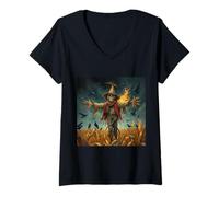 Womens Skeleton Scarecrow Halloween Fire Crows Harvest Field V-Neck T-Shirt