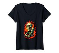 Womens Skeleton Singer Microphone Graphic Metal Vocalist Art V-Neck T-Shirt