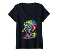 Womens Skeleton Skater Rainbow Smoke Streetwear Skateboard V-Neck T-Shirt
