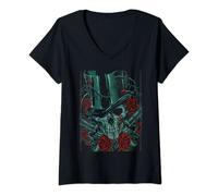 Womens Skeleton Skull Red Rose Guns Top Hat V-Neck T-Shirt