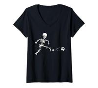 Women's Skeleton Soccer Player Spooky Trick Or Treat Halloween V-Neck T-Shirt