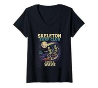 Womens Skeleton Surf Club Vintage Halloween Surfing Design V-Neck T-Shirt