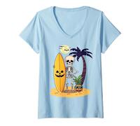 Womens Skeleton Surfer Halloween Beach Fun Tropical Vibes V-Neck T-Shirt