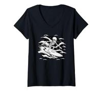 Women's Skeleton Surfing Wave - Night Ocean Gothic Surf Art V-Neck T-Shirt