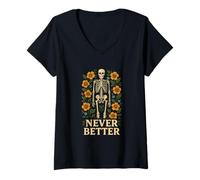 Womens Skeleton Surrounded with Flowers Never Better Funny Bones V-Neck T-Shirt