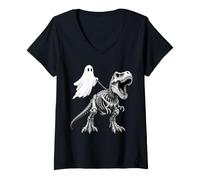 Women's Skeleton T Rex Leashed Ghost Halloween Dinosaur Bones V-Neck T-Shirt