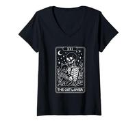 Womens Skeleton Tarot The Cat Lover Gothic Witch V-Neck T-Shirt