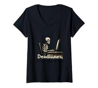 Women's Skeleton Typing at Desk with Computer Monitor V-Neck T-Shirt