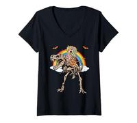 Womens Skeleton Unicorn Riding Dinosaur T Rex Halloween V-Neck T-Shirt