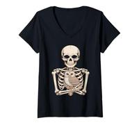 Womens Skeleton with Owl Silence and Wisdom V-Neck T-Shirt