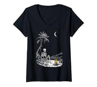 Women's Skeleton with Palm Tree and Moon Gothic Summer Summerween V-Neck T-Shirt