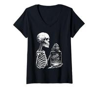 Women's Skeleton with Tropical Beach Gothic Summer Summerween Goth V-Neck T-Shirt