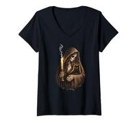 Women's Skeleton Woman Holding a Black cat - Gothic cat mom V-Neck T-Shirt