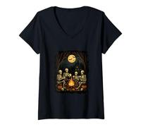Womens Skeletons Gathering Fire Camping Gothic Halloween Night V-Neck T-Shirt