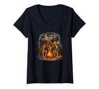 Women's Skeletons Roasting Marshmallows Campfire Halloween Camping V-Neck T-Shirt