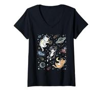 Women's Sketch Astronaut Cats Space Doodle Stars Planets V-Neck T-Shirt