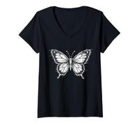Women's Sketch Butterfly Illustration - Minimal Hand Drawn Line Art V-Neck T-Shirt