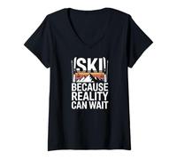 Women's Ski Because Reality Can Wait Retro Mountain Skiing V-Neck T-Shirt