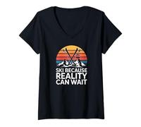 Women's Ski Because Reality Can Wait Retro Skiing Mountains V-Neck T-Shirt