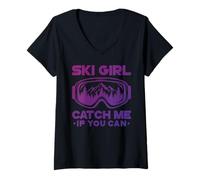 Womens Ski Girl Catch Me If You Can Funny Skiing Woman Skier Girls V-Neck T-Shirt