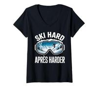 Womens Ski Hard Apres Harder Skiing Goggles Skier Apres Ski V-Neck T-Shirt