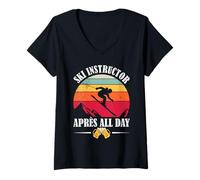 Womens Skier Funny SKI Instructor Apres All Day Skiing V-Neck T-Shirt