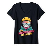 Womens Skiing Cat The Meowtains are Calling Funny Skier Humor V-Neck T-Shirt