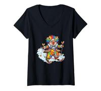 Womens Skiing Clown Pig Rainbow Patchwork Snow Fun V-Neck T-Shirt
