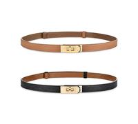 Women's Skinny Leather Belt with Adjustable Silver Turn-Lock Buckle - Ideal for Dresses, Jeans, and Coats, Black, Caramel Black, Standard