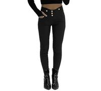 Women's Skinny Leg Jeans Style Gold Buttons Side Panel Detail Trousers Stretchy High Waist Jeggings Slim-Fitting (S-M, Black)