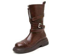 Women's Skinny Retro Knight Boots - Waterproof Leather, Mid-Calf with Heel & Front Zipper | Anti-Slip, Round Toe, Lightweight Comfort for Motorcycle, Work, Walking Brown