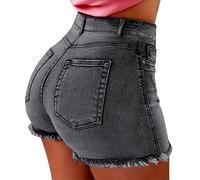 Womens Skinny Stretchy Bodycon Denim Shorts Butt Lifting High Waisted Frayed Raw Hem Distressed Boyfriend Jean Shorts 2024 Trendy Casual Summer Holiday Beach Hot Short Pants with Pockets Grey