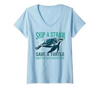 Women's Skip a Straw Save a Turtle Keep The Sea Plastic Free Theme V-Neck T-Shirt