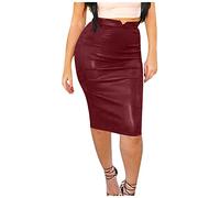Women's Skirt Skirt Versatile OL Matt Faux Leather High Waist Bag Hip Length Mid Skirt European and American Style Skirt Retro Women's Leather Skirt High Waist Slim Party Pencil Skirt Wine