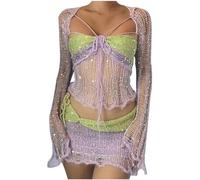 Women's Skirt Suits Crochet Y2k Knitted Long Sleeve Sequin Top Beaded Winter Autumn Going Out Outfits for Women Co Ords Halter Crop Going Out Skirt and Top Sets